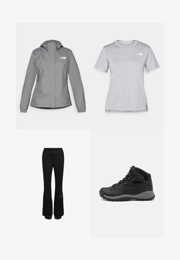 Grå vandtæt jakke med hætte, udstyret med elastiske manchetter, lynlåslommer på siden og et hvidt logo på venstre bryst. Glat overflade.; Grå kortærmet T-shirt lavet af blødt, fugttransporterende materiale. Har en rund hals og et lille hvidt logo øverst til venstre.; Sorte snebukser med et slankt design, lavet af slidstærkt stof. Har lynlåslommer og elastiske manchetter ved benene med brandlogo detalje.; Sort vandrestøvle med en mellem-højde design, der har en tekstureret overdel, grå detaljer og en holdbar gummisål med skridsikre klodser.