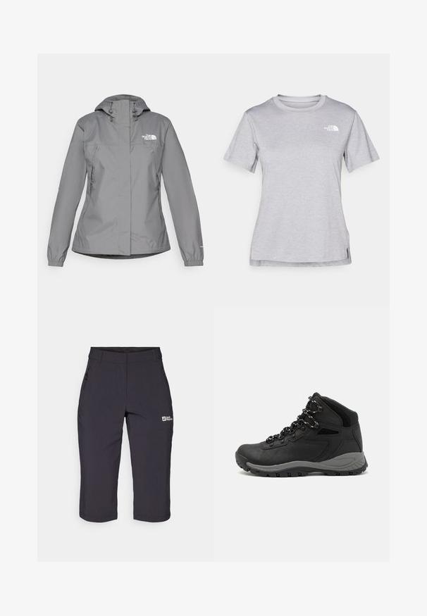 Grå vandtæt jakke med hætte, udstyret med elastiske manchetter, lynlåslommer på siden og et hvidt logo på venstre bryst. Glat overflade.; Grå kortærmet T-shirt lavet af blødt, fugttransporterende materiale. Har en rund hals og et lille hvidt logo øverst til venstre.; Mørkegrå udendørs shorts med en glat tekstur, der har en lynlåslomme og et logo på venstre forkant. Designet er i midtlår længde.; Sort vandrestøvle med en mellem-højde design, der har en tekstureret overdel, grå detaljer og en holdbar gummisål med skridsikre klodser.