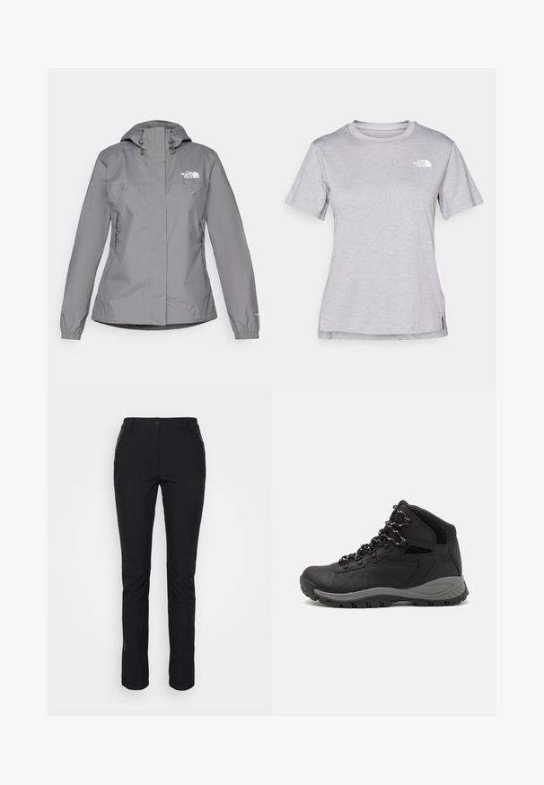 Pelēks ūdensnecaurlaidīgs mētelis ar kapuci, ar elastīgām aprocēm, ar rāvējslēdzēja sānu kabatām un baltu logotipu kreisajā krūtī. Gluda tekstūra.; Pelēks īsām piedurknēm T-krekls, kas izgatavots no mīksta, mitrumu noturoša auduma. Tam ir apaļš kakls un neliels balts logo kreisajā augšējā stūrī.; Melnas, elastīgas, ūdensizturīgas bikses ar šauru piegriezumu. Iekļauj divas ar rāvējslēdzēju aizveramas sānu kabatas un pastiprinātas ceļa daļas. Gluda tekstūra.; Melni pārgājienu zābaki ar vidēju augstumu, ar teksturētu augšdaļu, pelēkiem akcentiem un izturīgu gumijas zoli ar saķeres izvirzījumiem.