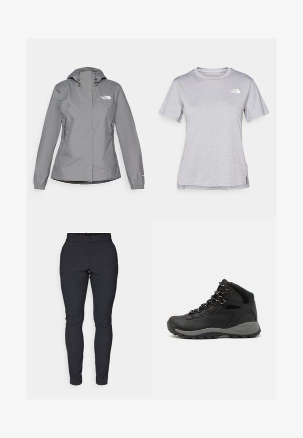 Veste imperméable grise avec capuche, présentant des poignets élastiques, des poches latérales zippées et un logo blanc sur la poitrine gauche. Texture lisse.; T-shirt gris à manches courtes fabriqué en tissu doux et évacuant l'humidité. Il présente un col rond et un petit logo blanc en haut à gauche.; Pantalon slim noir en tissu extensible. Il est doté d'une taille, de passants de ceinture et d'une fermeture éclair à l'avant avec un bouton. Pas de motifs visibles.; Botte de randonnée noire au design mi-haut, avec un dessus texturé, des accents gris et une semelle en caoutchouc durable avec des crampons de traction.