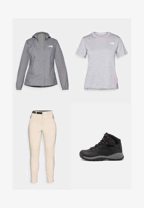 Siva vodoodporna jakna s kapuco, z elastičnimi manšetami, z zippered stranskimi žepi in belim logotipom na levem prsnem delu. Gladka tekstura.; Siva kratka majica s kratkimi rokavi, izdelana iz mehkega, vlago odvračajočega materiala. Ima okroglo izrez in majhen bel logotip na zgornji levi strani.; Bež hlače prileganja iz teksturirane tkanine. Imajo črn nastavljiv pas in žepke z zadrgo na straneh.; Črne pohodniške čevlje z srednje visokim dizajnom, ki imajo teksturirano zgornji del, sivi dodatki in vzdržljiv gumen podplat s protizdrsnimi izboklinami.