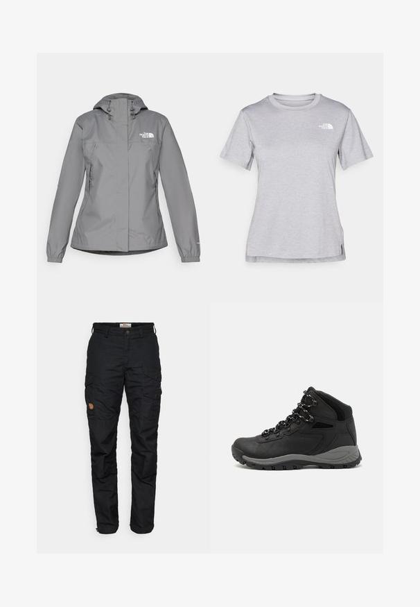 Gray waterproof jacket with a hood, featuring elastic cuffs, zippered side pockets, and a white logo on the left chest. Smooth texture.; Grey short-sleeve t-shirt made of soft, moisture-wicking fabric. Features a crew neck and a small white logo on the upper left.; Black cargo pants featuring multiple pockets, button closure, and a slightly tapered leg design. Made of durable material with a textured finish.; Black hiking boot with a mid-top design, featuring a textured upper, gray accents, and durable rubber sole with traction lugs.