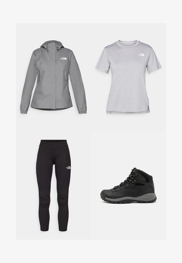 Siva vodoodporna jakna s kapuco, z elastičnimi manšetami, z zippered stranskimi žepi in belim logotipom na levem prsnem delu. Gladka tekstura.; Siva kratka majica s kratkimi rokavi, izdelana iz mehkega, vlago odvračajočega materiala. Ima okroglo izrez in majhen bel logotip na zgornji levi strani.; Črne športne legice iz elastičnega blaga. Imajo visok pas in majhen beli logotip na levem stegnu. Gladka tekstura.; Črne pohodniške čevlje z srednje visokim dizajnom, ki imajo teksturirano zgornji del, sivi dodatki in vzdržljiv gumen podplat s protizdrsnimi izboklinami.