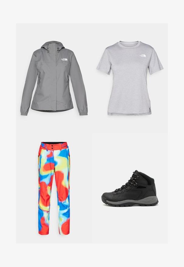 Grå vanntett jakke med hette, med elastiske mansjetter, glidelåslommer på sidene og en hvit logo på venstre bryst. Glatt tekstur.; Grå kortermet t-skjorte laget av myk, fukttransporterende stoff. Har en rund hals og en liten hvit logo på øvre venstre side.; Fargerike skibukser med et glatt, vanntett stoff som har abstrakte mønstre i rødt, blått, gult og hvitt. Inkluderer glidelåser og beltesløyfer.; Sorte turstøvler med mid-topp design, som har en teksturert overdel, grå detaljer og slitesterk gummisåle med godt grep.