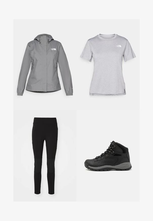 Jachetă impermeabilă gri cu glugă, cu mansete elastice, buzunare laterale cu fermoar și un logo alb pe pieptul stâng. Textură netedă.; Tricou scurt cu mânecă gri, fabricat dintr-un material moale, care absoarbe umezeala. Are un guler rotund și un mic logo alb în partea stângă sus.; Leggings atletice negre cu o textură netedă, având buzunare cu fermoar și accente din panouri la genunchi, concepute pentru confort și flexibilitate.; Botă de drumeție neagră cu un design mediu, având un material texturat, accente gri și o talpă din cauciuc durabilă cu crampoane pentru aderență.