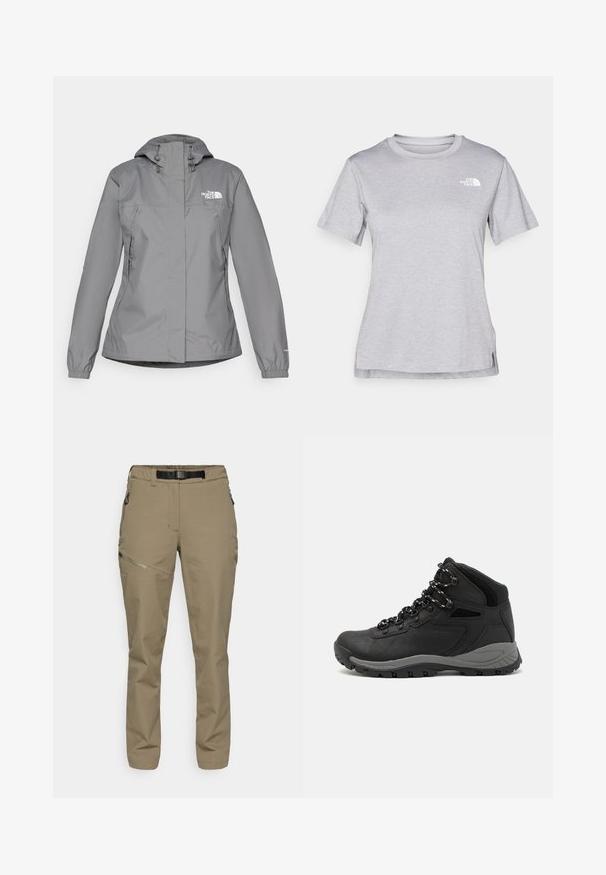Grå vanntett jakke med hette, med elastiske mansjetter, glidelåslommer på sidene og en hvit logo på venstre bryst. Glatt tekstur.; Grå kortermet t-skjorte laget av myk, fukttransporterende stoff. Har en rund hals og en liten hvit logo på øvre venstre side.; Khaki utendørs bukser med elastisk midje og et svart belte. Har sidelommer med glidelås og et jevnt, strukturert stoff.; Sorte turstøvler med mid-topp design, som har en teksturert overdel, grå detaljer og slitesterk gummisåle med godt grep.
