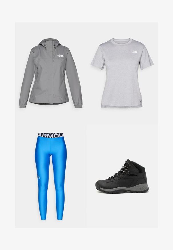 Szara wodoodporna kurtka z kapturem, z elastycznymi mankietami, zamykanymi kieszeniami bocznymi oraz białym logo na lewej piersi. Gładka tekstura.; Szara, krótkozasięgowa koszulka wykonana z miękkiego, odprowadzającego wilgoć materiału. Posiada okrągły dekolt oraz małe białe logo w górnym lewym rogu.; Niebieskie legginsy sportowe o gładkiej, błyszczącej fakturze; czarny pas z logo "ARMOUR" w białym kolorze. Logotypy na dolnej części nogawki.; Czarne buty trekkingowe z średnim cholewem, z teksturowaną cholewą, szarymi akcentami oraz trwałą gumową podeszwą z wypustkami zapewniającymi przyczepność.