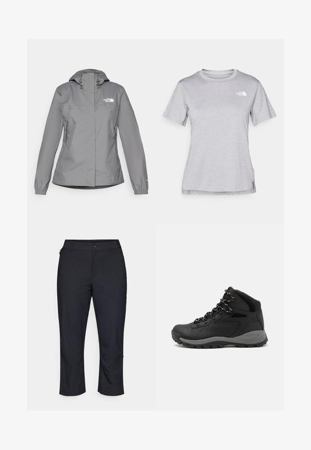 Pilkas vandeniui atsparus švarkas su gobtuvu, turintis elastingus rankogalius, užtrauktuku užsegamas šonines kišenes ir baltą logotipą kairėje krūtinės pusėje. Lygus paviršius.; Pilkas trumpomis rankovėmis marškinėliai, pagaminti iš minkštos, drėgmę sugeriančios medžiagos. Turi apvalią iškirptę ir mažą baltą logotipą viršutiniame kairiajame kampe.; Juodos kelnės iki blauzdų, su lygia tekstūra, užtrauktukų kišenėmis, lygiu priekiu ir šiek tiek išplėstais galais. Pagamintos iš lengvos medžiagos.; Juodas žygio botas su vidutinio aukščio dizainu, pasižymintis tekstūruota viršutine dalimi, pilkų akcentų ir patvaria guma padanga su sukibimo gumbais.