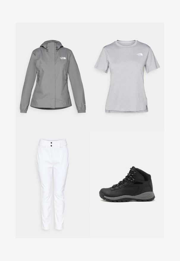 Grijze waterdichte jas met een capuchon, voorzien van elastische manchetten, ritszakken aan de zijkanten en een wit logo op de linkerborst. Glad van structuur.; Grijze T-shirt met korte mouwen, gemaakt van zachte, vochtabsorberende stof. Heeft een ronde hals en een klein wit logo op de bovenste linkerzijde.; Witte, op maat gemaakte broek met een smalle pasvorm, voorzien van een gladde textuur, twee zwarte knopen bij de tailleband en een cropped lengte.; Zwarte wandelschoen met een mid-top ontwerp, voorzien van een gestructureerde bovenkant, grijze accenten en een duurzame rubberen zool met gripnoppen.
