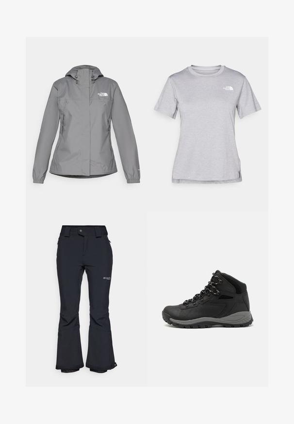 Grau wasserfeste Jacke mit Kapuze, ausgestattet mit elastischen Bündchen, Reißverschlusstaschen an den Seiten und einem weißen Logo auf der linken Brust. Glatte Textur.; Graues T-Shirt mit kurzen Ärmeln aus weichem, feuchtigkeitsableitendem Stoff. Hat einen Rundhalsausschnitt und ein kleines weißes Logo auf der oberen linken Seite.; Schwarze wasserdichte Skihosen mit einer Reißverschlusstasche, weitem Bein und einem Logo am Oberschenkel. Verfügt über ein strapazierfähiges Material und verstärkte Bündchen.; Schwarzer Wanderstiefel mit einem mittelhohen Design, ausgestattet mit einer strukturierten Oberfläche, grauen Akzenten und einer robusten Gummisohle mit Profilstollen.