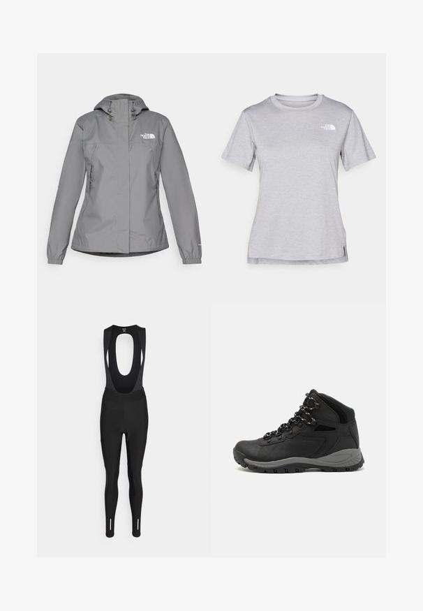 Giacca impermeabile grigia con cappuccio, dotata di polsini elastici, tasche laterali con zip e un logo bianco sul petto sinistro. Texture liscia.; T-shirt grigio a maniche corte realizzato in morbido tessuto traspirante. Presenta un collo tondo e un piccolo logo bianco nella parte superiore sinistra.; Rapha WOMENS CORE CARGO WINTER WITH PAD - Leggings - black; Stivale da trekking nero con design a metà altezza, dotato di una tomaia texturizzata, accenti grigi e suola in gomma resistente con tasselli per la trazione.