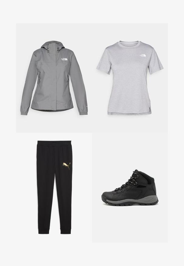 Pilkas vandeniui atsparus švarkas su gobtuvu, turintis elastingus rankogalius, užtrauktuku užsegamas šonines kišenes ir baltą logotipą kairėje krūtinės pusėje. Lygus paviršius.; Pilkas trumpomis rankovėmis marškinėliai, pagaminti iš minkštos, drėgmę sugeriančios medžiagos. Turi apvalią iškirptę ir mažą baltą logotipą viršutiniame kairiajame kampe.; Juodos sportinės kelnės su auksiniu Puma logotipu. Pagamintos iš minkštos medžiagos, turi elastingą liemenį ir siaurėjančias kojas su užbaigimais ant kulkšnių.; Juodas žygio botas su vidutinio aukščio dizainu, pasižymintis tekstūruota viršutine dalimi, pilkų akcentų ir patvaria guma padanga su sukibimo gumbais.