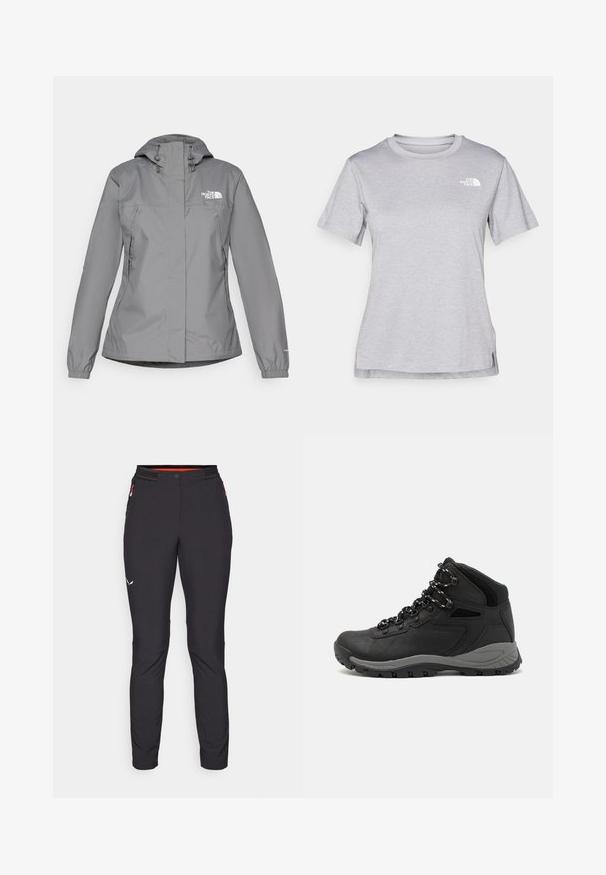 Grå vattentät jacka med huva, med elastiska manschetter, dragkedjefickor på sidan och en vit logotyp på vänster bröst. Slät textur.; Grå kortärmad t-shirt i mjukt, fuktavledande tyg. Har en rund halsringning och en liten vit logotyp på övre vänstra sidan.; Salewa PEDROC PANT - Friluftsbyxor - black out; Svart vandringskänga med mellanhög design, som har en texturerad överdel, grå accenter och en slitstark gummisula med greppklackar.