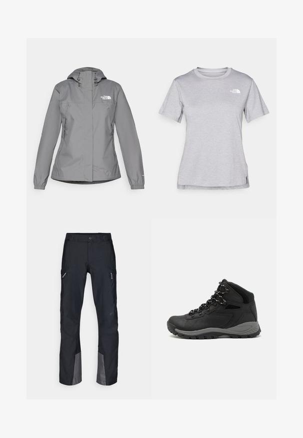 Grijze waterdichte jas met een capuchon, voorzien van elastische manchetten, ritszakken aan de zijkanten en een wit logo op de linkerborst. Glad van structuur.; Grijze T-shirt met korte mouwen, gemaakt van zachte, vochtabsorberende stof. Heeft een ronde hals en een klein wit logo op de bovenste linkerzijde.; Zwarte cargobroek van duurzaam materiaal, met zijzakken, versterkte knieën en grijze accenten aan de zoom. Ontworpen voor gebruik buitenshuis.; Zwarte wandelschoen met een mid-top ontwerp, voorzien van een gestructureerde bovenkant, grijze accenten en een duurzame rubberen zool met gripnoppen.