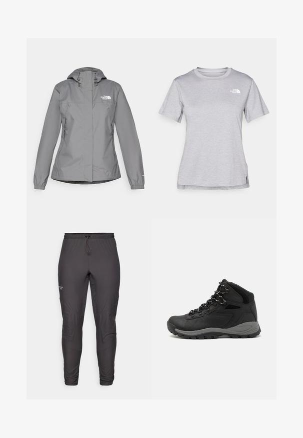 Grå vanntett jakke med hette, med elastiske mansjetter, glidelåslommer på sidene og en hvit logo på venstre bryst. Glatt tekstur.; Grå kortermet t-skjorte laget av myk, fukttransporterende stoff. Har en rund hals og en liten hvit logo på øvre venstre side.; Sorte treningsbukser med elastisk midje, snøring og knepaneler for fleksibilitet; glatt tekstur og ingen synlige mønstre eller detaljer.; Sorte turstøvler med mid-topp design, som har en teksturert overdel, grå detaljer og slitesterk gummisåle med godt grep.