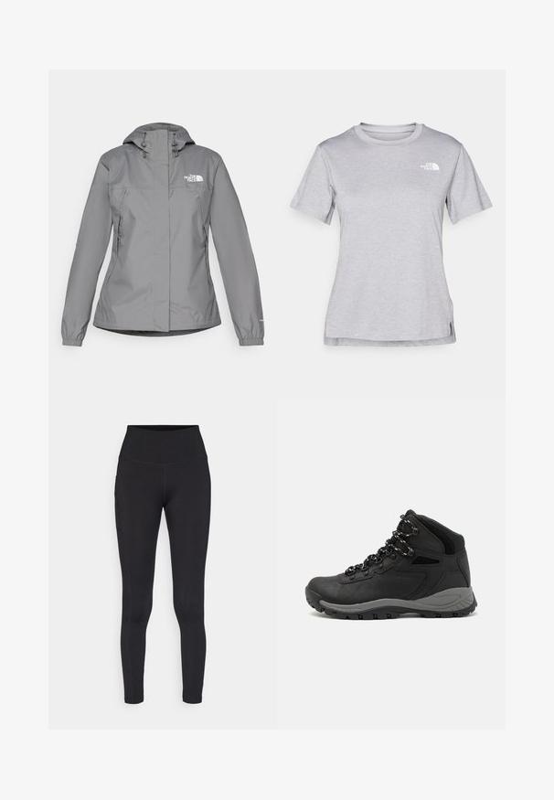 Casaco cinza impermeável com capuz, apresentando punhos elásticos, bolsos laterais com zíper e um logo branco no lado esquerdo do peito. Textura suave.; T-shirt cinza de mangas curtas feito de um tecido suave e que absorve a humidade. Apresenta um decote redondo e um pequeno logotipo branco na parte superior esquerda.; Leggings pretas feitos de um tecido elástico com uma cintura alta, apresentando um bolso lateral e costuras planas para conforto e durabilidade.; Bota de caminhada preta com design de cano médio, apresentando um upper texturizado, detalhes cinzentos e sola de borracha durável com cravos de tração.
