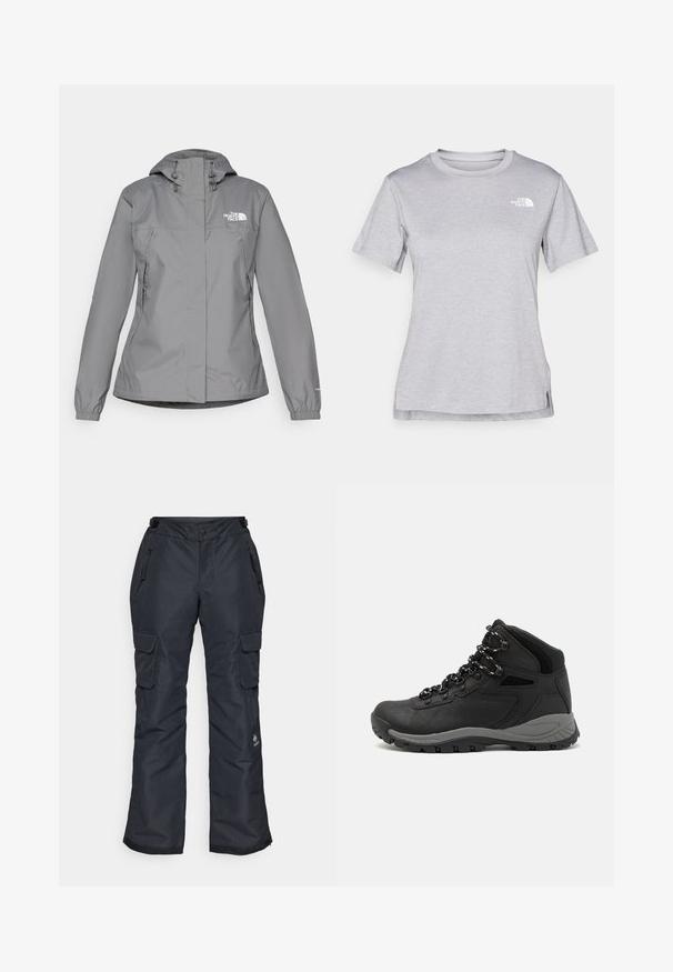 Grijze waterdichte jas met een capuchon, voorzien van elastische manchetten, ritszakken aan de zijkanten en een wit logo op de linkerborst. Glad van structuur.; Grijze T-shirt met korte mouwen, gemaakt van zachte, vochtabsorberende stof. Heeft een ronde hals en een klein wit logo op de bovenste linkerzijde.; Zwarte sneeuwbroeken met een relaxed fit, voorzien van ritszakken, cargozakken op de dijen en een textuur voor duurzaamheid.; Zwarte wandelschoen met een mid-top ontwerp, voorzien van een gestructureerde bovenkant, grijze accenten en een duurzame rubberen zool met gripnoppen.