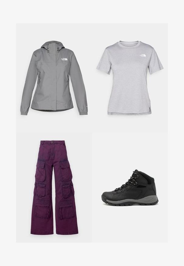 Veste imperméable grise avec capuche, présentant des poignets élastiques, des poches latérales zippées et un logo blanc sur la poitrine gauche. Texture lisse.; T-shirt gris à manches courtes fabriqué en tissu doux et évacuant l'humidité. Il présente un col rond et un petit logo blanc en haut à gauche.; Pantalons cargo violets à jambes larges, dotés de plusieurs poches avant et latérales, de coutures contrastantes et d'une fermeture à bouton à la taille.; Botte de randonnée noire au design mi-haut, avec un dessus texturé, des accents gris et une semelle en caoutchouc durable avec des crampons de traction.