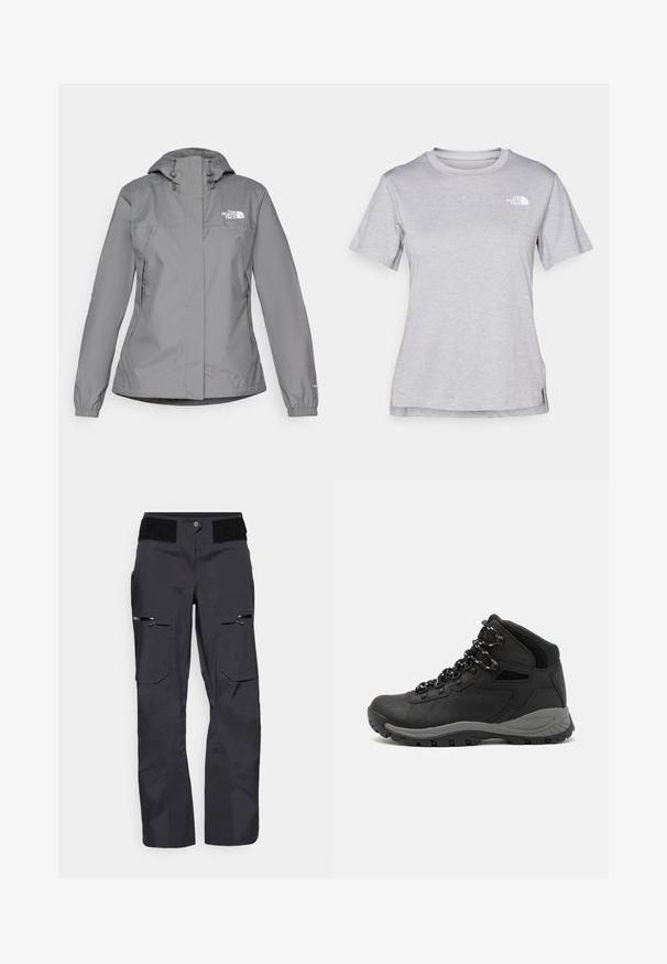 Szürke vízálló dzseki kapucnival, elasztikus mandzsettákkal, cipzáras oldalsó zsebekkel és fehér logóval a bal mellen. Sima textúra.; Szürke, rövid ujjú póló, puha, nedvességet elvezető anyagból készült. Kerek nyakú, és egy kis fehér logó található a bal felső részen.; Fekete cargo nadrág sima textúrával, több zsebbel, cipzáras részletekkel és tépőzáras záródással a deréknál.; Fekete túracipő közepes magasságú kialakítással, texturált felsőrésszel, szürke részletekkel és strapabíró gumitalppal, amelynek tapadós kiemelkedései vannak.
