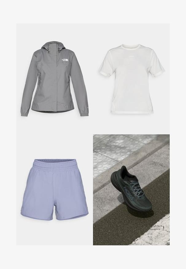 Casaco cinza impermeável com capuz, apresentando punhos elásticos, bolsos laterais com zíper e um logo branco no lado esquerdo do peito. Textura suave.; Camisa atlética de malha branca de manga curta com gola redonda e pequeno logotipo "Salomon" centrado no peito.; Calções desportivos de cor lilás clara com uma cintura elástica, tecido liso e aberturas laterais para maior mobilidade. Sem logótipos ou padrões visíveis.; Sapatilha de corrida preta com parte superior em malha, detalhes texturizados e logotipo, apresentando uma sola acolchoada e atacadores cinzentos, posicionada sobre o pavimento.