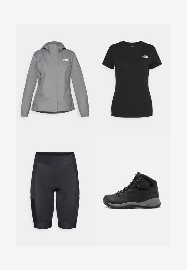 Szürke vízálló dzseki kapucnival, elasztikus mandzsettákkal, cipzáras oldalsó zsebekkel és fehér logóval a bal mellen. Sima textúra.; Fekete pamut póló, klasszikus nyakkivágással és rövid ujjakkal. Figyelemre méltó fehér logó a bal felső oldalon. Sima textúra, laza fazon.; Fekete, rugalmas anyagból készült sportnadrág, testhez álló fazonnal, párnázott üléssel és oldalsó zsebbel a tároláshoz.; Fekete túracipő közepes magasságú kialakítással, texturált felsőrésszel, szürke részletekkel és strapabíró gumitalppal, amelynek tapadós kiemelkedései vannak.