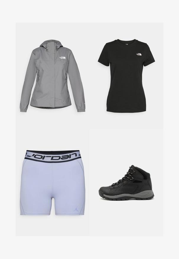 Siva vodoodporna jakna s kapuco, z elastičnimi manšetami, z zippered stranskimi žepi in belim logotipom na levem prsnem delu. Gladka tekstura.; Črna bombažna majica s krožnim izrezom in kratkimi rokavi. Opazna bela oznaka na zgornji levi strani. Gladka tekstura, sproščen kroj.; Svjetloljubičaste sportske kratke hlače s crnim pojasom s Jordan logom. Izrađene od glatkog, rastezljivog materijala, s ojačanim šavovima duž spojeva.; Črne pohodniške čevlje z srednje visokim dizajnom, ki imajo teksturirano zgornji del, sivi dodatki in vzdržljiv gumen podplat s protizdrsnimi izboklinami.