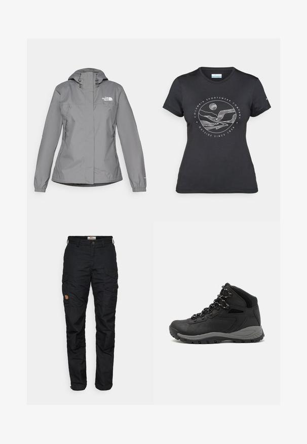 Gray waterproof jacket with a hood, featuring elastic cuffs, zippered side pockets, and a white logo on the left chest. Smooth texture.; Black Columbia t-shirt with white circular mountain and river line art and text "Columbia Sportswear Company Outside Since 1938."; Black cargo pants featuring multiple pockets, button closure, and a slightly tapered leg design. Made of durable material with a textured finish.; Black hiking boot with a mid-top design, featuring a textured upper, gray accents, and durable rubber sole with traction lugs.