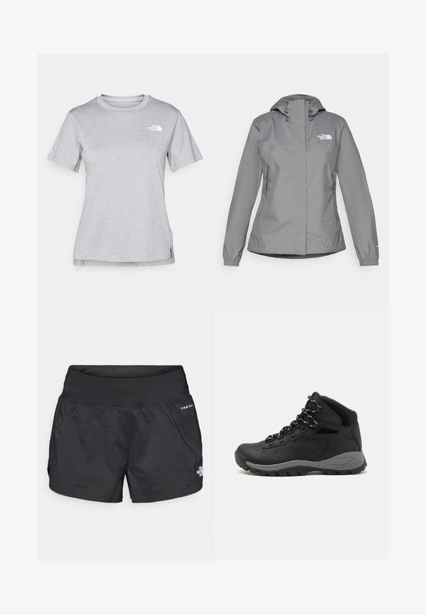 Chaqueta impermeable gris con capucha, que presenta puños elásticos, bolsillos laterales con cremallera y un logo blanco en el lado izquierdo del pecho. Textura suave.; Camiseta gris de manga corta hecha de una suave tela que absorbe la humedad. Presenta un cuello redondo y un pequeño logotipo blanco en la parte superior izquierda.; Pantalones cortos de running negros con una tela texturizada, cinturilla elástica y bolsillos laterales; presenta un pequeño logo en el frente.; Bota de senderismo negra con un diseño de medio caña, que cuenta con una parte superior texturizada, acentos grises y una suela de goma duradera con tacos de tracción.