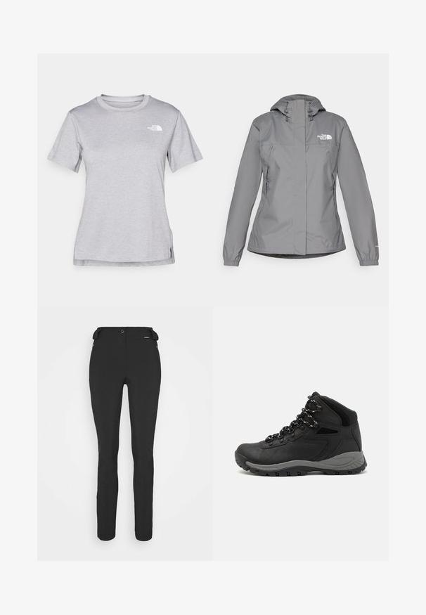 Siva vodoodporna jakna s kapuco, z elastičnimi manšetami, z zippered stranskimi žepi in belim logotipom na levem prsnem delu. Gladka tekstura.; Siva kratka majica s kratkimi rokavi, izdelana iz mehkega, vlago odvračajočega materiala. Ima okroglo izrez in majhen bel logotip na zgornji levi strani.; Črne prileganje hlače, izdelane iz fleksibilnega materiala. Značilnosti vključujejo žep z zadrgo na strani, artikulirana kolena in gladko teksturo.; Črne pohodniške čevlje z srednje visokim dizajnom, ki imajo teksturirano zgornji del, sivi dodatki in vzdržljiv gumen podplat s protizdrsnimi izboklinami.
