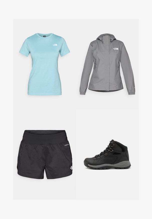 Siva vodoodporna jakna s kapuco, z elastičnimi manšetami, z zippered stranskimi žepi in belim logotipom na levem prsnem delu. Gladka tekstura.; Svjetloplava pamučna majica s kratkim rukavima i okruglim izrezom; sadrži mali bijeli logo na gornjem lijevom dijelu grudi.; Črne tekaške kratke hlače z teksturirano tkanino, elastičnim pasom in stranskimi žepi; na sprednji strani je majhna oznaka.; Črne pohodniške čevlje z srednje visokim dizajnom, ki imajo teksturirano zgornji del, sivi dodatki in vzdržljiv gumen podplat s protizdrsnimi izboklinami.