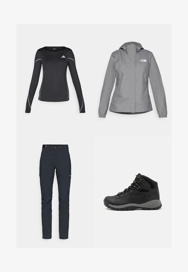 Hallhalli halljak, millel on kapuuts, elastsed mansetid, lukuga küljetaskud ja valge logo vasakul rinnal. Sile tekstuur.; Must have pikkade varrukatega must sportlik särk ümmarguse kaelusega ja peegeldava hõbedase õmblusega. Särgi vasakus ülanurgas on väike valge logo.; Meeste välkpüksid, tumehallid, valmistatud paindlikest materjalidest, vöökohaga, tõmblukuga taskud ja tugevdatud õmblused.; Mustarjaline matkasaabas, millel on keskmine disain, tekstuuriga ülemine osa, hallid aktsendid ja vastupidav kummist põhi, millel on haardelugesid.