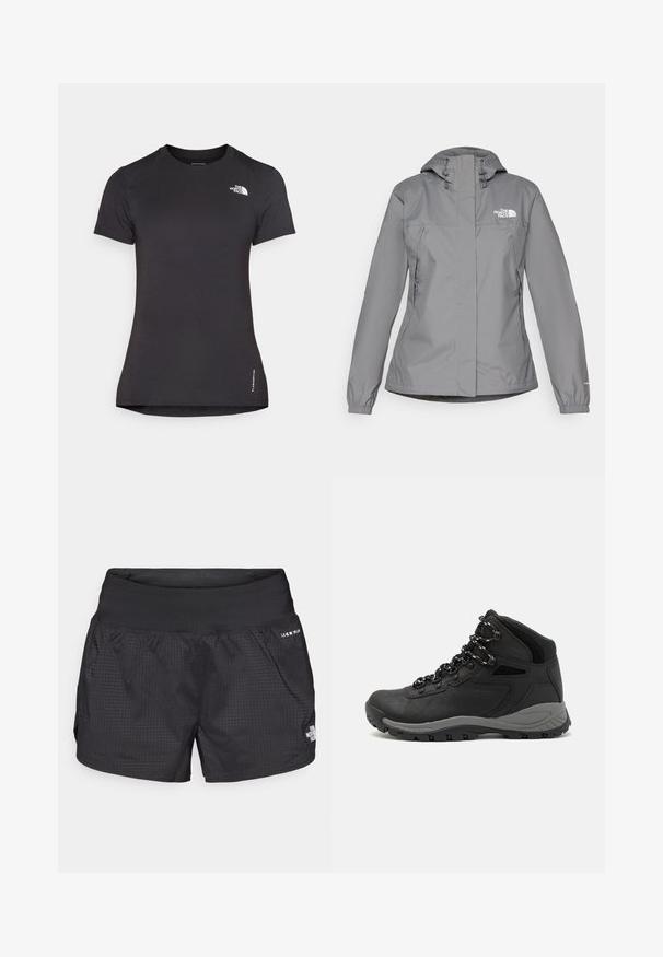 Gray waterproof jacket with a hood, featuring elastic cuffs, zippered side pockets, and a white logo on the left chest. Smooth texture.; Black athletic t-shirt made of lightweight, breathable fabric. Features short sleeves and a crew neckline. Logo displayed on the chest.; Black running shorts with a textured fabric, elastic waistband, and side pockets; features a small logo on the front.; Black hiking boot with a mid-top design, featuring a textured upper, gray accents, and durable rubber sole with traction lugs.