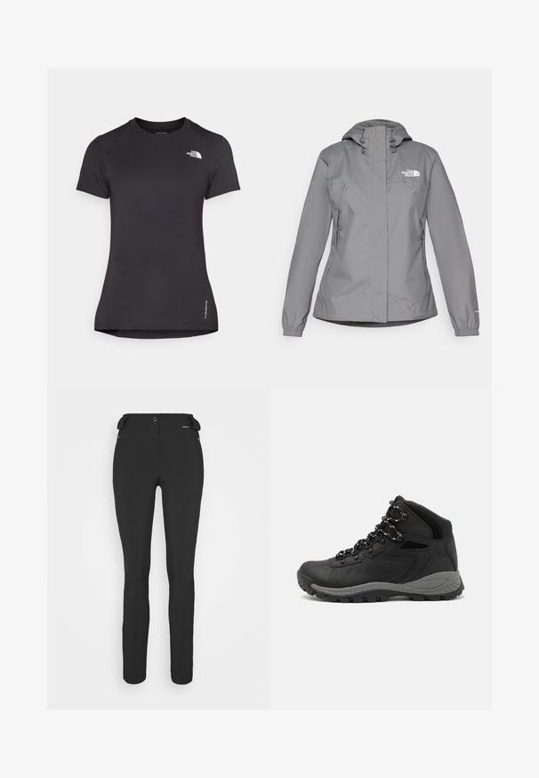 Szürke vízálló dzseki kapucnival, elasztikus mandzsettákkal, cipzáras oldalsó zsebekkel és fehér logóval a bal mellen. Sima textúra.; Fekete sport póló, könnyű, légáteresztő anyagból készült. Rövid ujjú és kerek nyakkivágású. A logó a mellkason található.; Fekete, testhezálló nadrág rugalmas anyagból. Jellemzők: cipzáras oldalzseb, artikulált térdek és sima felület.; Fekete túracipő közepes magasságú kialakítással, texturált felsőrésszel, szürke részletekkel és strapabíró gumitalppal, amelynek tapadós kiemelkedései vannak.