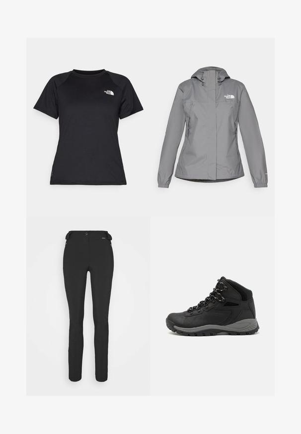 Chaqueta impermeable gris con capucha, que presenta puños elásticos, bolsillos laterales con cremallera y un logo blanco en el lado izquierdo del pecho. Textura suave.; Camiseta atlética negra de manga corta con cuello redondo y el logo de The North Face en la parte superior izquierda del pecho.; Pantalones negros ajustados hechos de un material flexible. Las características incluyen un bolsillo lateral con cremallera, rodillas articuladas y una textura suave.; Bota de senderismo negra con un diseño de medio caña, que cuenta con una parte superior texturizada, acentos grises y una suela de goma duradera con tacos de tracción.