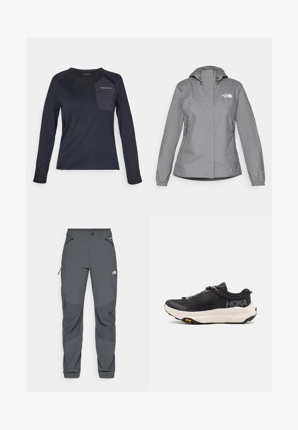 Szürke vízálló dzseki kapucnival, elasztikus mandzsettákkal, cipzáras oldalsó zsebekkel és fehér logóval a bal mellen. Sima textúra.; Hosszú ujjas sötét tengerészkék technikai póló, texturált testtel, kontrasztos anyagú zsebbekkel és Peak Performance logóval a melleden.; Sötétszürke kültéri nadrág megerősített térdrésszel, cipzáras oldalsó és elülső zsebekkel, gombos záródással és A North Face logóval a combján.; Fekete sportcipők lélegző hálós felsőrésszel, gumitípusú talppal, fehér párnázott középtalppal és fényvisszaverő fűzőkkel. Vibram logó a talpon.