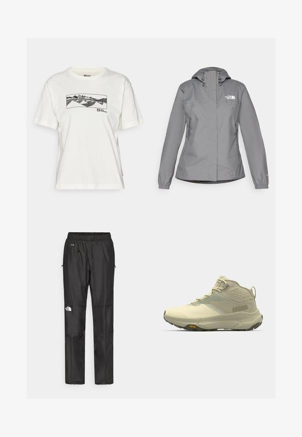 Gray waterproof jacket with a hood, featuring elastic cuffs, zippered side pockets, and a white logo on the left chest. Smooth texture.; White cotton t-shirt featuring a black line graphic of mountains and hills across the chest, with a logo displayed on the lower side.; Black waterproof pants made from lightweight fabric, featuring an elastic waistband, side pockets, and a logo on the left leg.; Hoka hiking boot in light beige, featuring a textured upper, lace closure, and Vibram outsole. Distinctive side logo and supportive design.