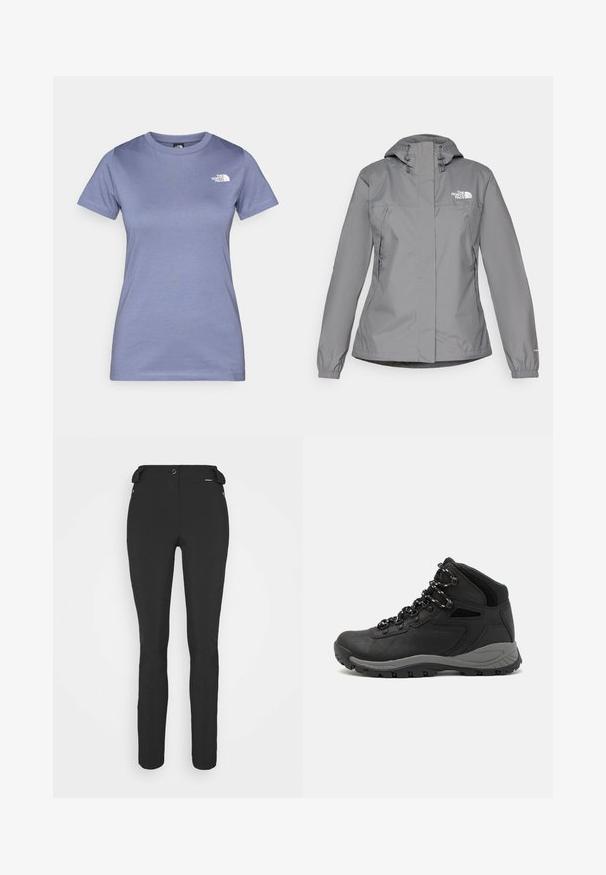 Siva vodoodporna jakna s kapuco, z elastičnimi manšetami, z zippered stranskimi žepi in belim logotipom na levem prsnem delu. Gladka tekstura.; Svetlo vijoličasta majica s kratkimi rokavi iz bombaža, z okroglo ovratnico in majhnim belim logotipom na prsih. Gladka tekstura.; Črne prileganje hlače, izdelane iz fleksibilnega materiala. Značilnosti vključujejo žep z zadrgo na strani, artikulirana kolena in gladko teksturo.; Črne pohodniške čevlje z srednje visokim dizajnom, ki imajo teksturirano zgornji del, sivi dodatki in vzdržljiv gumen podplat s protizdrsnimi izboklinami.