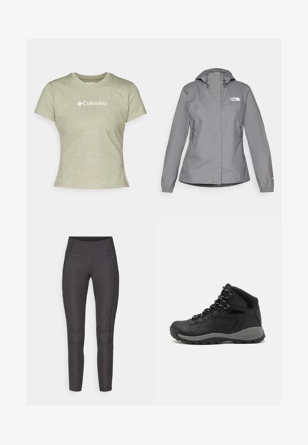 Siva vodootporna jakna s kapuljačom, s elastičnim manžetama, patentnim zatvaračem sa strane i bijelim logoom na lijevoj strani prsnog koša. Glatka tekstura.; Svijetlozeleni kratki rukav majica od rebraste tkanine, s bijelim 'Columbia' logotipom sprijeda. Jednostavna okrugla izreza.; Elastične hlače visokog struka u tamnosivoj boji, izrađene od teksturiranog materijala. Imaju prilagođeni kroj i bočne džepove za pohranu.; Crne planinarske čizme s dizajnom srednjeg vrha, sa teksturiranim gornjim dijelom, sivim akcentima i izdržljivom gumom potplatom s uzorkom za prianjanje.