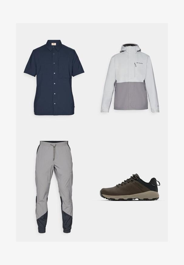 Világosszürke és sötétszürke vízálló dzseki, cipzáras mellzsebbel, állítható kapucnival és rugalmas mandzsettákkal. A mellkason logó található.; Tengernyakkendős, rövid ujjú ing sötétkék színben, szőtt anyagból készült, elülső zsebbel, gombos záródással és klasszikus gallér kialakítással.; Könnyű, szürke sportnadrág fekete részletekkel. Rugalmas derékpánt, zsinóros zárás, szabott lábszár kialakítás és oldalsó zsebek.; Barna vízálló sportcipők texturált felsőrésszel, perforált díszítésekkel, fekete saroktámasszal és szürke gumi talppal. A cipőfűzők fém végződésekkel vannak ellátva.
