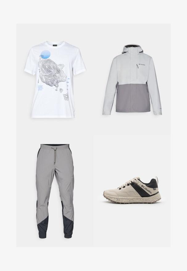 Heled hall ja tumehall veekindel jakk, millel on tõmblukuga rinna tasku, reguleeritav kapuuts ja elastsed mansetid. Ees on logo.; Valge puuvillane T-särk, millel on must ja sinine topograafiline kaart, koos tekstelementide ja ümmarguse sinise detailiga. Lühikesed varrukad.; Kergedatud hallid sportlikud püksid mustade aktsentidega. Elastne vöökoht, stringiga sulgemine, kitsenev jala disain ja küljetaskud.; Columbia sneakers beežides ja mustades toonides, tekstuurse võrgumaterjaliga pealispind, täppidega vaheosa ja vastupidav kummist välistald, mis tagab haarde.