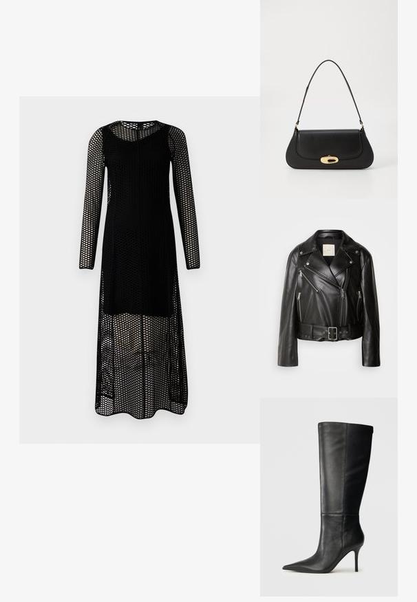 Calvin Klein Jeans MOTO JACKET BELT - Jakna od umjetne kože - black beauty; Crna haljina dugih rukava od mrežastog materijala s perforiranim dizajnom. Ima okrugli izrez i ravnu siluetu.; Crne kožne čizme do koljena s šiljastim vrhom i uskim stiklama, glatke teksture, bočni profil na neutralnoj pozadini.; Crna kožna torba s zakrivljenim dizajnom, zlatnim detaljima i gornjom drškom. Ima elegantno zatvaranje i glatku teksturu.