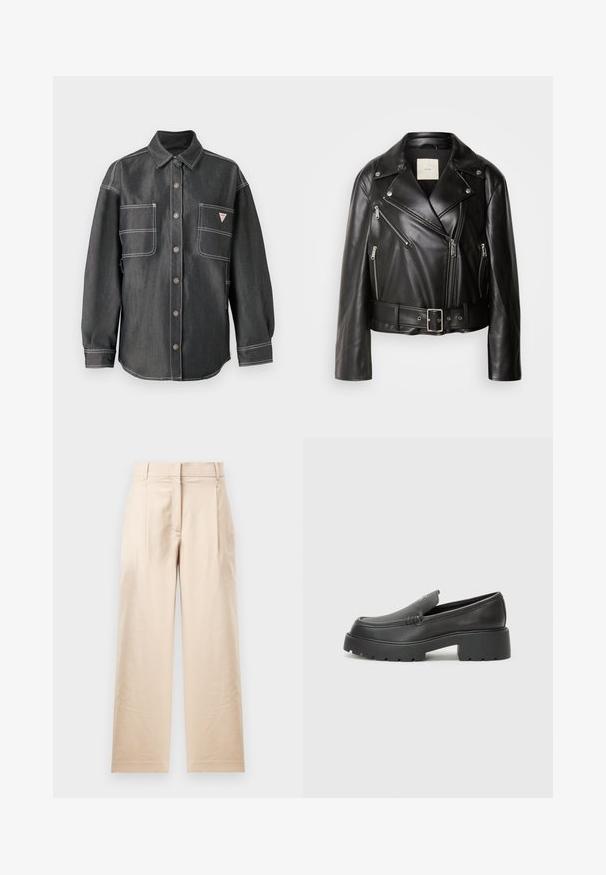 Calvin Klein Jeans MOTO JACKET BELT - Bunda z nepravej kože - black beauty; Tmavá denimová košeľa s dlhými rukávmi, predným zapínaním na gombíky, špicatým golierom, dvoma veľkými náprsními vreckami a bielym kontrastným stehom.; Béžové nohavice vyrobené z hladkej látky. Majú rovný strih, plochý predok a dve záhyby. Bez viditeľných vzorov alebo hardvéru.; Čierne kožené mokasíny s okrúhlou špičkou, hrubou textúrovanou podrážkou a minimom stehovej výzdoby. Štíhly dizajn bez viditeľných šnúr alebo kovania.