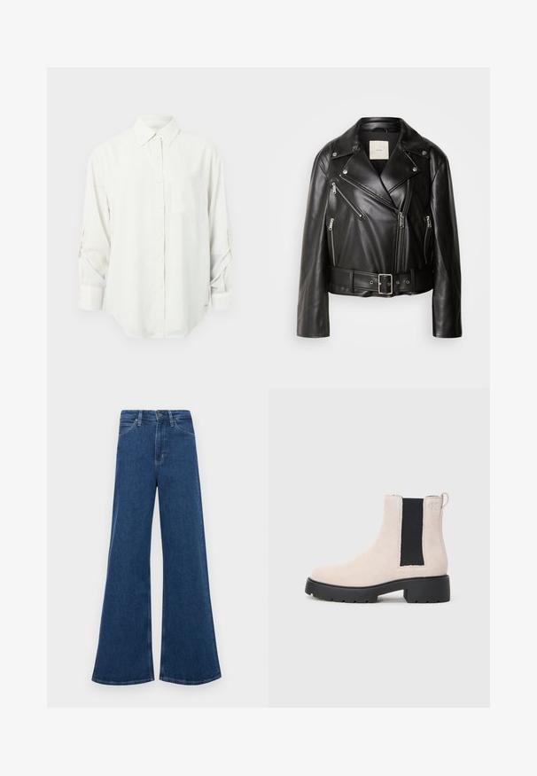 Calvin Klein Jeans MOTO JACKET BELT - Imiteret læderjakke - black beauty; Hvid langærmet skjorte med krave, enkelt brystlomme og opsmøgede ærmer. Blødt, glat stof og afslappet pasform.; Blå denim flared jeans med høj talje, der har fem lommer, lukning med knap og kontrastsyninger på sømmene.; Beige ruskind Chelsea-støvle med sort elastisk sidepanel, chunky sort sål og hæftetap ved anklen.