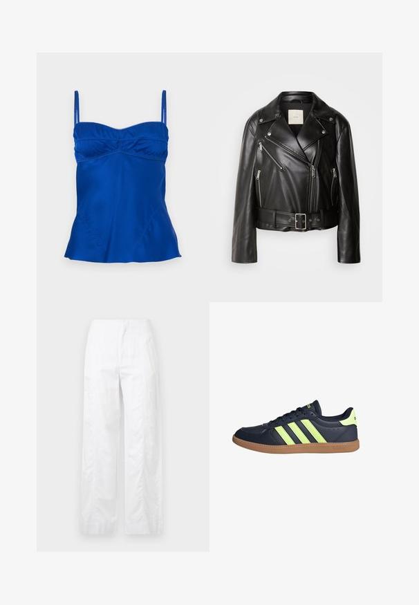 Calvin Klein Jeans MOTO JACKET BELT - Jakna od umjetne kože - black beauty; Satinasta plava majica s podešavanim naramenicama, nabranim dekolteom i lepršavim rubom. Glatka tekstura s suptilnim detaljima šivanja.; Bijele široke hlače od laganog materijala, s glatkom teksturom, čistim linijama i visokim strukom.; Mornarsko plave kožne tenisice s tri neonsko zelene pruge, smešnim gumiranim potplatom i crnim vezicama; sadrže podstavljeni ovratnik i jezik.