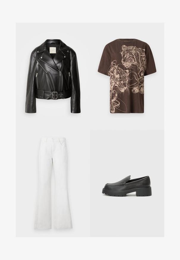 Calvin Klein Jeans MOTO JACKET BELT - Kunstnahast jakk - black beauty; Pruun T-särk, millel on detailne kreemist tiigri graafika. Lühikesed varrukad, ümar kael ja pehme, tekstuuriga kangas.; Valged lõhikudega teksad kõrge vöökohaga, millel on esi-taskud, vöökoharihmad ja klassikaline nööbikinnitus. Sile tekstuur, juhuslik disain.; Mustad nahast loafers ümarate varvastega, paksu tekstuuriga tald ja minimaalsete õmbluse detailidega. Viimistletud disain, kus pole nähtavaid paelu ega riistu.