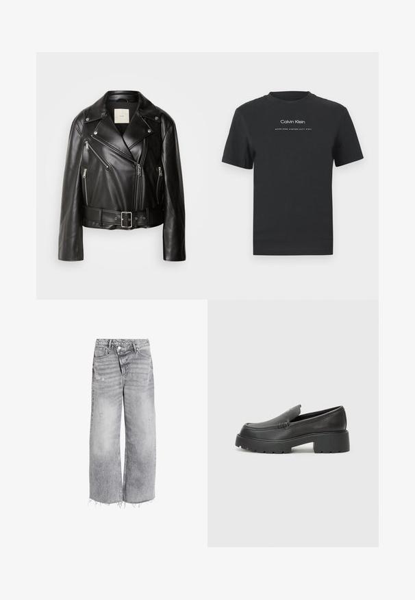 Calvin Klein Jeans MOTO JACKET BELT - Giacca in similpelle - black beauty; T-shirt in cotone nero con scollo rotondo, maniche corte e logo stampato bianco "Calvin Klein" insieme al testo "Established 1968".; Jeans a vita alta e gamba ampia in denim grigio chiaro, con dettagli strappati e orlo grezzo. Due tasche frontali e chiusura con bottone.; Mocassini in pelle nera con punta arrotondata, suola spessa e testurizzata, e minime cuciture. Design elegante senza lacci o parti metalliche visibili.