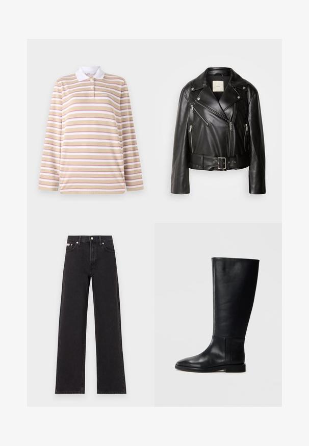 Calvin Klein Jeans MOTO JACKET BELT - Imitert skinnjakke - black beauty; Langermet polo skjorte i beige med rosa og hvite horisontale striper, med hvit krage og treknapps lukking. Myk tekstur.; Svart bredbente jeans laget av denim, med høy livvidde, fem lommer, og metallknapp med kontrasterende søm.; Sorte skinnhøye støvler med rund tå, glatt tekstur, minimalistisk design og flat såle. Enkle sømdetaljer på skaftet.