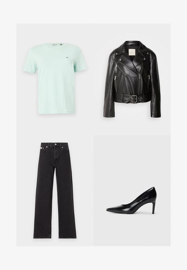 Calvin Klein Jeans MOTO JACKET BELT - Kunstlederjacke - black beauty; Mintgrünes Baumwoll-T-Shirt mit kurzen Ärmeln, Rundhalsausschnitt und kleinem gesticktem Logo auf der linken Brustseite. Glatte Textur und lässige Passform.; Schwarze weit geschnittene Jeans aus Denim mit einem hoch sitzenden Bund, fünf Taschen und einem Metallknopfverschluss mit kontrastierendem Nähte.; Schwarzer Lederhochschuh mit spitzem Zehenbereich, glatter Textur und schmalem Absatz. Minimalistisches Design, keine zusätzlichen Verzierungen.