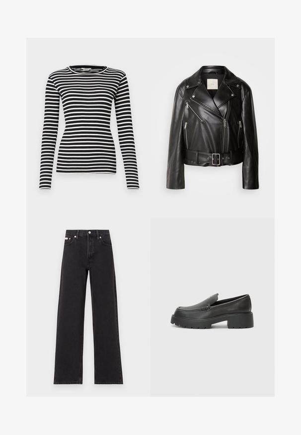 Calvin Klein Jeans MOTO JACKET BELT - Bunda z umělé kůže - black beauty; Černo-bílý pruhovaný dlouhý rukáv s kulatým výstřihem a žebrovanou texturou; přiléhavý design po celém těle i rukávech.; Černé široké jeansy vyrobené z denimu, s vysokým pasem, pěti kapsami a kovovým zapínáním s kontrastním prošíváním.; Černé kožené mokasíny s okrouhlou špičkou, silnou strukturovanou podrážkou a minimálními detaily šití. Elegantní design bez viditelných tkaniček nebo kovových prvků.