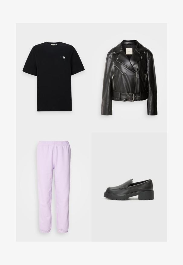 Calvin Klein Jeans MOTO JACKET BELT - Imitert skinnjakke - black beauty; Svart bomulls t-skjorte med korte ermer, med en liten hvit blomsterbrodering på venstre bryst. Standard passform og rund hals design.; Lyselilla joggebukser laget av mykt stoff, med elastisk liv og elastiske mansjetter ved anklene. Enkelt design, ingen mønstre.; Sorte skinnloafers med rund tå, tykk teksturert såle og minimale sømdetaljer. Strømlinjeformet design uten synlige snørebånd eller hardvarer.